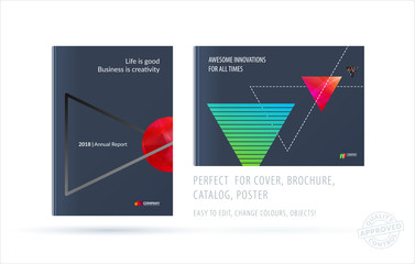 Brochure design triangular template. Colourful modern abstract set, annual report with triangles for branding.