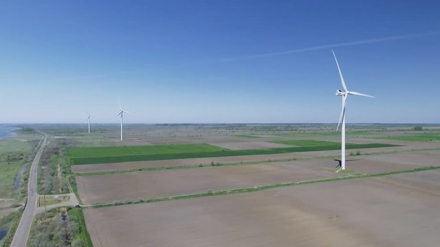 Wind electric generator - power stations in field. Aerial view