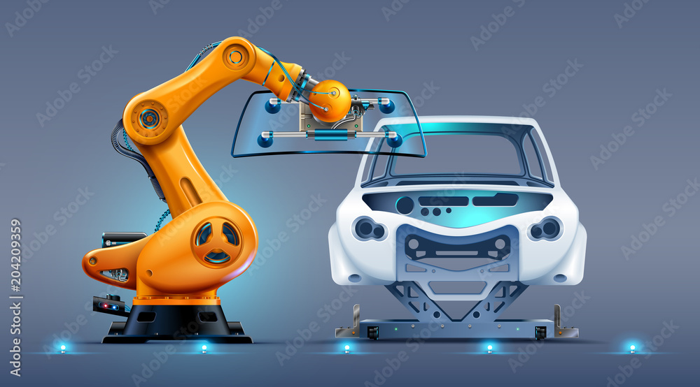 Poster robot arm work on car factory or manufacturing line. robotic hand attaches windshield or glass on ca