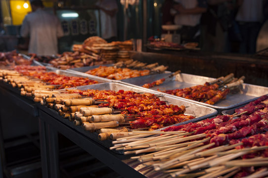 Detail of lamb kebab in a street market at the Muslim Quarter in the city of Xian, in China.
