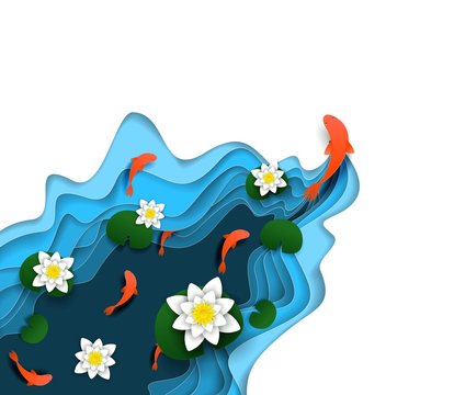 Water lily, koi carp vector paper cut illustration