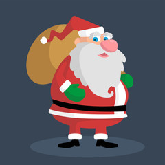 Cute fat Santa is holding a bag with gifts