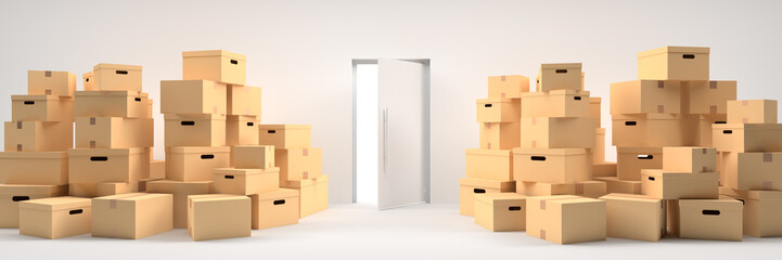 Cardboard boxes on floor in white room and open door. House moving concept. 3D Rendering.