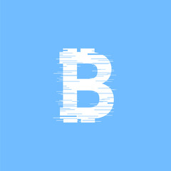 White bitcoin sign in glitch style on blue background. Internet money digital vector illustration. Interference effect for image