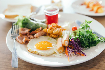 Fresh breakfast table in the hotel.