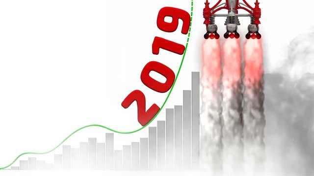 Growth chart for 2019 year. Graph of rapid growth with red numbers 2019 and rocket launch. Footage video