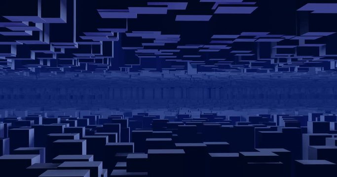 Stylized cubic 3d city , buildings, sky scrapers in blue fog, Horizontal camera movement. 3d animation.