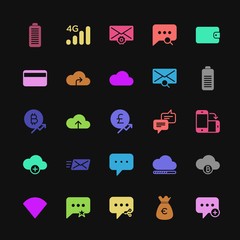 Modern Simple Colorful Set of money, cloud and networking, chat and messenger, mobile, email Vector fill Icons. Contains such Icons as  and more on dark background. Fully Editable. Pixel Perfect