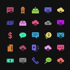 Modern Simple Colorful Set of money, cloud and networking, chat and messenger, mobile, email Vector fill Icons. Contains such Icons as  and more on dark background. Fully Editable. Pixel Perfect