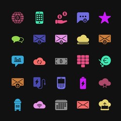 Modern Simple Colorful Set of money, cloud and networking, chat and messenger, mobile, email Vector fill Icons. Contains such Icons as  and more on dark background. Fully Editable. Pixel Perfect