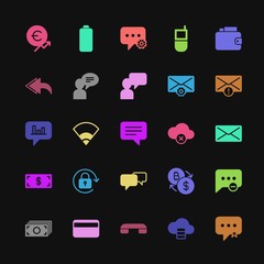 Modern Simple Colorful Set of money, cloud and networking, chat and messenger, mobile, email Vector fill Icons. Contains such Icons as  and more on dark background. Fully Editable. Pixel Perfect