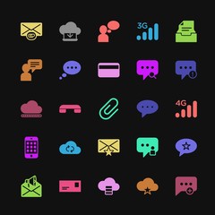 Modern Simple Colorful Set of money, cloud and networking, chat and messenger, mobile, email Vector fill Icons. Contains such Icons as  and more on dark background. Fully Editable. Pixel Perfect