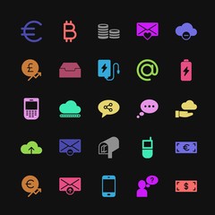 Modern Simple Colorful Set of money, cloud and networking, chat and messenger, mobile, email Vector fill Icons. Contains such Icons as  and more on dark background. Fully Editable. Pixel Perfect