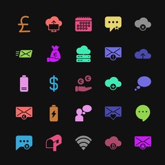 Modern Simple Colorful Set of money, cloud and networking, chat and messenger, mobile, email Vector fill Icons. Contains such Icons as  and more on dark background. Fully Editable. Pixel Perfect
