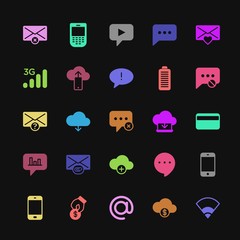 Modern Simple Colorful Set of money, cloud and networking, chat and messenger, mobile, email Vector fill Icons. Contains such Icons as  and more on dark background. Fully Editable. Pixel Perfect