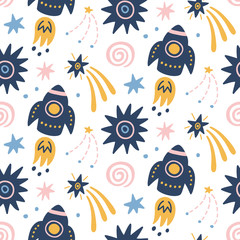 Space Galaxy childish seamless pattern with space ships, stars, cosmic elements