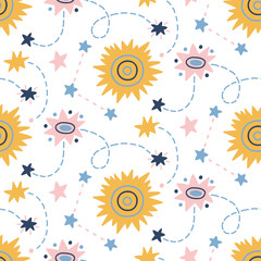 Space Galaxy childish seamless pattern with stars, cosmic elements