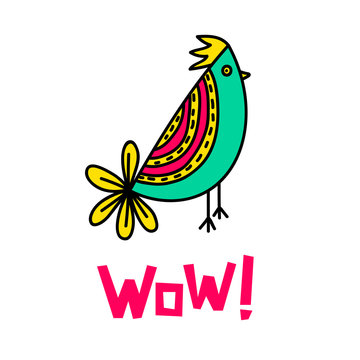 WOW! lettering and bird doodle illustration