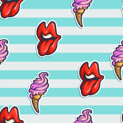 Vector seamless pattern with cartoon  ice cream and lips with tongue isolated on white. Hand drawn texture with mouth and food in comics style