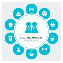 food, clothes, shopping Infographic Circle fill Icons Set. Contains such Icons as  business,  website,  elements,  background,  pattern,  banner,  slider,  egg and more. Fully Editable. Pixel Perfect