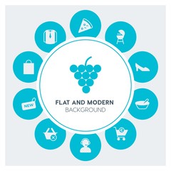 food, clothes, shopping Infographic Circle fill Icons Set. Contains such Icons as  business,  website,  elements,  background,  pattern,  banner,  slider, call and more. Fully Editable. Pixel Perfect