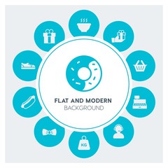 food, clothes, shopping Infographic Circle fill Icons Set. Contains such Icons as  business,  website,  elements,  background,  pattern,  banner,  slider,  box and more. Fully Editable. Pixel Perfect