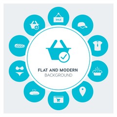 food, clothes, shopping Infographic Circle fill Icons Set. Contains such Icons as  business,  website,  elements,  background,  pattern,  banner,  slider, food and more. Fully Editable. Pixel Perfect