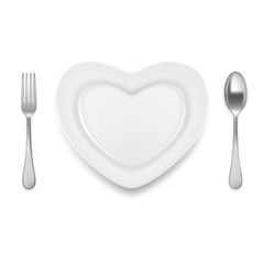 Heart shaped plate spoon fork vector illustration