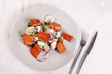 Grilled salmon with radish and spinach, served on white plate. View from above, top studio shot