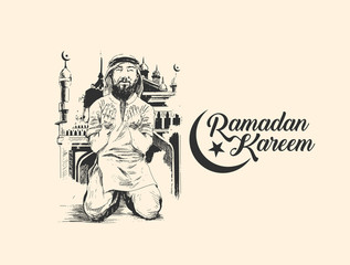 Fototapeta premium Muslim man praying ( Namaz, Islamic Prayer ) with Mosque - Hand Drawn Sketch, Vector Background.