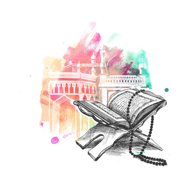 The holy book of the Koran on the stand with calligraphy stylish lettering Ramadan Kareem text for eid , Hand Drawn Sketch Vector illustration.
