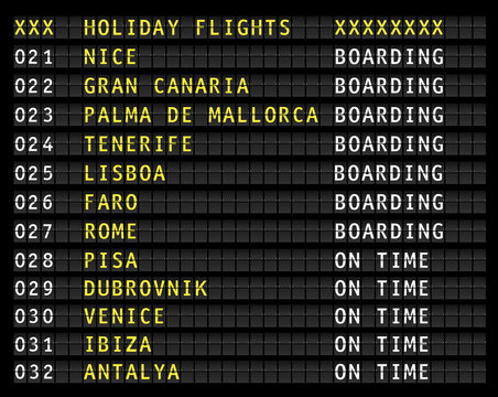 Airport flight information display with european holiday travel destinations. Vector illustration
