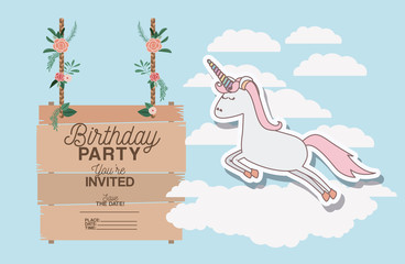 invited birthday party card with unicorn vector illustration design