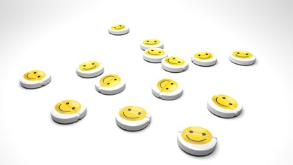 Happy drugs, tablets that cure sadness and bad mood - white round pills with a small yellow smiley emoticon symbolize a drug that does not exist but everybody wants: happy pills without side effects.