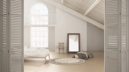 Fototapeta na wymiar White folding door opening on scandinavian bedroom, attic with wooden beams, white interior design, architect designer concept, blur background