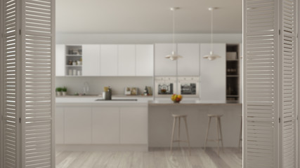 Fototapeta na wymiar White folding door opening on modern minimalist kitchen with island, white interior design, architect designer concept, blur background