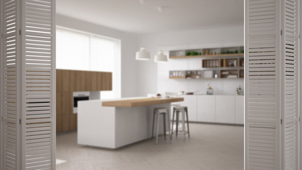Naklejka na ściany i meble White folding door opening on modern minimalist kitchen with island, white interior design, architect designer concept, blur background