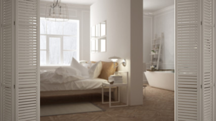 Fototapeta na wymiar White folding door opening on modern scandinavian bedroom with bathroom, white interior design, architect designer concept, blur background