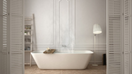 Obraz na płótnie Canvas White folding door opening on modern scandinavian bathroom with bathtub, white interior design, architect designer concept, blur background