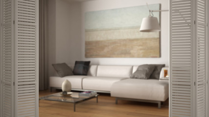 White folding door opening on modern living room, white interior design, architect designer concept, blur background