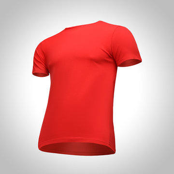 Blank Template Men Red T Shirt Short Sleeve, Front View Half Turn Bottom-up, Isolated On Gray Background. Mockup Concept Tshirt For Design And Print