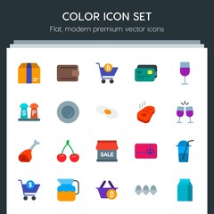 Modern Simple Set of food, drinks, shopping Vector flat Icons. Contains such Icons as wine,  shipping,  drink,  bitcoin,  delivery,  coffee and more on dark background. Fully Editable. Pixel Perfect