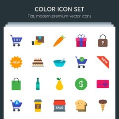 Modern Simple Set of food, drinks, shopping Vector flat Icons. Contains such Icons as  sign,  usd,  background,  sale, gift,  diet,  present and more on dark background. Fully Editable. Pixel Perfect