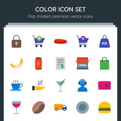 Modern Simple Set of food, drinks, shopping Vector flat Icons. Contains such Icons as  door, food,  buy,  security,  wineglass, coffee, lock and more on dark background. Fully Editable. Pixel Perfect
