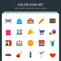 Modern Simple Set of food, drinks, shopping Vector flat Icons. Contains such Icons as cocktail,  shop,  party,  store, soup,  code, warehouse and more on dark background. Fully Editable. Pixel Perfect