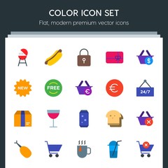 Modern Simple Set of food, drinks, shopping Vector flat Icons. Contains such Icons as  mustard,  coffee,  trolley,  close, wine,  grilled and more on dark background. Fully Editable. Pixel Perfect