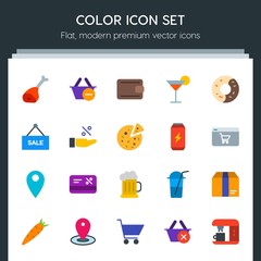 Modern Simple Set of food, drinks, shopping Vector flat Icons. Contains such Icons as  travel,  shop,  hot,  cup,  buy,  pin,  close,  cargo and more on dark background. Fully Editable. Pixel Perfect