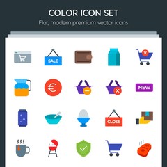 Modern Simple Set of food, drinks, shopping Vector flat Icons. Contains such Icons as  healthy, intelligence, cup,  information,  travel and more on dark background. Fully Editable. Pixel Perfect