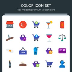Modern Simple Set of food, drinks, shopping Vector flat Icons. Contains such Icons as  food,  hot,  cocktail,  buy, free,  container,  party and more on dark background. Fully Editable. Pixel Perfect