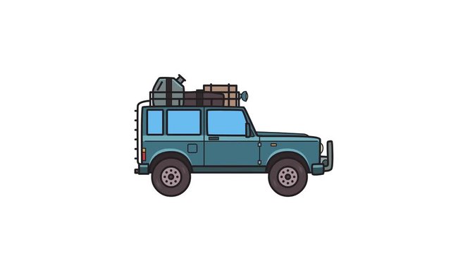 Animated SUV car with luggage on the roof trunk. Moving off-road vehicle with cargo on top, side view. Flat animation. Isolated on white background
